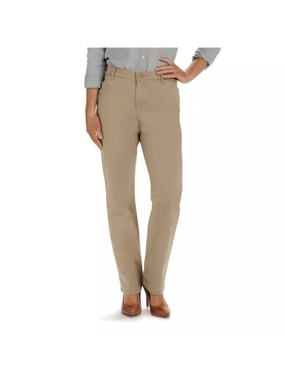 Lee Pants Size 12 Long Relaxed Fit Khaki Straight Leg Mid Rise Medium Wash